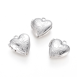 Platinum Brass Locket Pendants, Photo Frame Charms for Necklaces, Heart, Platinum, 15.2x13.2x4.6mm, Hole: 1.6mm, Inner Measure: 6.3x8mm