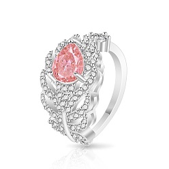 Pink Micro cuivres ouvrent zircons bagues, plume avec larme, platine, rose, 15~20mm