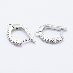 Platinum Brass Micro Pave Cubic Zirconia Hoop Earring Findings with Latch Back Closure, Platinum, 15.5~16x11~13x2mm, Hole: 1mm, Pin: 1mm