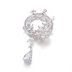 Платина Латунный микро-паве кубический цирконий большой подвесной кабошон настройки, открытая задняя панель, цветок, прозрачные, платина, 83.5x46x13 мм, отверстия: 3x4 mm, Внутренний диаметр: 34 mm
