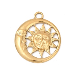 Настоящее золото 18K 304 подвески из нержавеющей стали, ионное покрытие (ip), плоский круглый с солнечным шармом, реальный 18 k позолоченный, 28x23.5x2 мм, отверстие : 3 мм