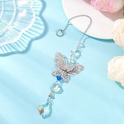 Бабочка Стеклянные каплевидные подвесные ловцы солнца, Латунные подвески с кристаллами и стразами для украшения сада и огорода., фурнитура из нержавеющей стали , платина, бабочка, 256 мм