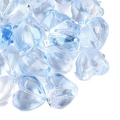 Light Sky Blue Transparent Glass Beads, Faceted, Heart, Dyed & Hearted, with Glitter Powder, Light Sky Blue, 12.5~13x14.5~15x9~9.5mm, Hole: 0.8~1.2mm, about 505pcs/1000g