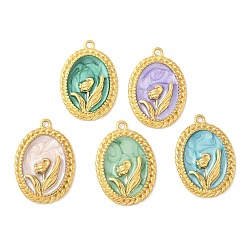 (52) Непрозрачная лаванда 304 нержавеющей стальной эмали подвески, золотые, овал с цветочной подвеской, разноцветные, 30x20.5x4.5 мм, отверстие : 1.8 мм
