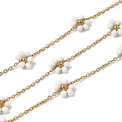 Белый 304 из нержавеющей стали цепи связи цветок, со стеклом, стойки покрытие, долговечный, ионное покрытие (ip), реальный 18 k позолоченный, пайки, с катушкой, белые, 2x1.5x0.4 mm и 7.5x9.5x3 mm