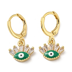 Sea Green Real 18K Gold Plated Brass Dangle Leverback Earrings, with Enamel and Glass, Evil Eye, Sea Green, 23x11.5mm