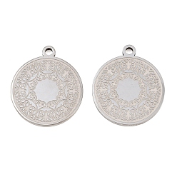 Stainless Steel Color 304 Stainless Steel Pendants, Flat Round with Flower Pattern Charms, Stainless Steel Color, 25x21.5x2mm, Hole: 2mm