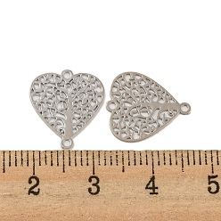 Platinum Rack Plating Brass Hollow Out Tree Connector Charms, Long-Lasting Plated, Heart Etched Metal Embellishments, Platinum, 14.5x13x0.3mm, Hole: 1mm