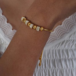 Golden Adjustable 304 Stainless Steel Crystal Rhinestone Beads Slider Bracelets, Round & Column, Golden, 5.91~7.87 inch(15~20cm)