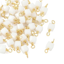 Белый Стеклянные граненые кубические соединители подвески, с петлями из латунной проволоки, реальный 18 k позолоченный, стойки покрытие, долговечный, белые, 12~14x4.5x4 мм, отверстие : 1.6 мм