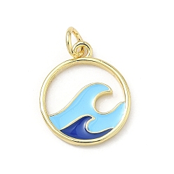 Настоящее золото 18K Латунь эмаль подвески, плоские круглые с волны шаблон, долговечный, стойки покрытие, без свинца и без кадмия, реальный 18 k позолоченный, 17x14x2 мм, отверстие : 3 мм
