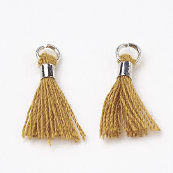 Темно-Золотистый Кулон с кисточкой из поликоттона (полиэстер), мини-кисточка, с латунными застежками и железными кольцами, платина, темные золотарник, 10~15x3~4 мм, отверстие : 2 мм