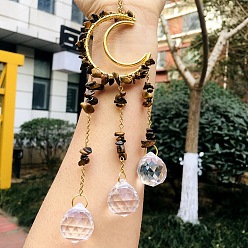 Тигровый глаз Металлические подвески со стеклянными украшениями, чип с тигровым глазом, луна и слеза, 210~230 мм