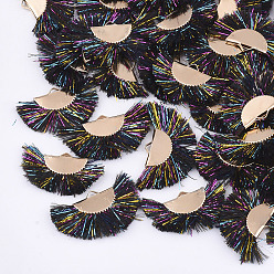 Black Polyester Tassel Pendants, with Metallic Cord and Iron Findings, Fan Shape, Golden, Black, 17~20x30~34x2.5mm, Hole: 3x1mm