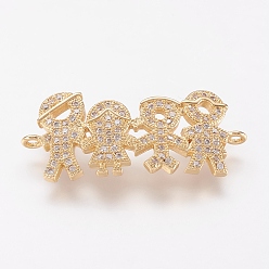 Real 18K Gold Plated Brass Micro Pave Cubic Zirconia Links, Clear, Human, Real 18K Gold Plated, 14x32.5x2mm, Hole: 1mm