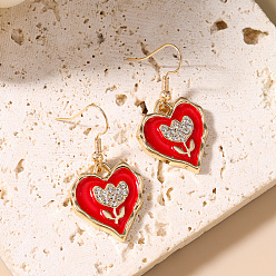Roja Cuelga los pendientes de diamantes de imitación de aleación, corazón con la flor, con esmalte, dorado, rojo, 40x20 mm