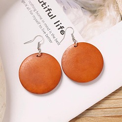 Плоский Круглый Серьги-подвески из сплава дерева, платина, плоско-круглые, 42x40 мм