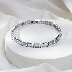 Stainless Steel Color 304 Stainless Steel Pave Rectangle Clear Cubic Zirconia Tennis Bracelets for Women, Stainless Steel Color, 8.66 inch(22cm)