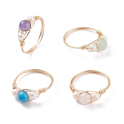 Mixed Stone Copper Wrapped Natural & Synthetic Gemstone Ring for Women, Cultured Freshwater Pearl Rings, US Size 8 1/2(18.5mm), 2mm