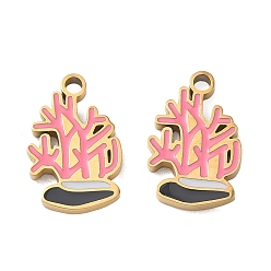 Other Plants 304 Stainless Steel Enamel Pendants, Ion Plating(IP), Golden, Coral Charms, 15x9.5x1.5mm, Hole: 1.5mm