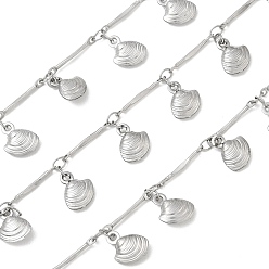 Stainless Steel Color Rack Plating 304 Stainless Steel Bar Link Chain, with Shell Shape Charm, Soldered, with Spool, Stainless Steel Color, 14x2x1mm, about 16.40 Feet(5m)/Roll