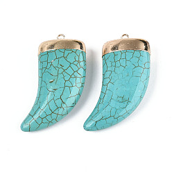 Небесно-голубой Большие подвески в форме бивня из окрашенной синтетической бирюзы, с золотым латунным краем, голубой, 49~51x26~27x12.5 мм, отверстие : 1.8 мм