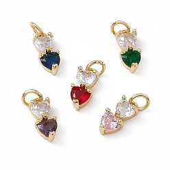 Mixed Color Rack Plating Brass Cubic Zirconia Charms, Double Heart Charm, with Jump Ring, Long-Lasting Plated, Golden, Lead Free & Cadmium Free, Mixed Color, 12.5x5.5x4mm, Hole: 3.5mm