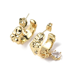 Golden Clear Cubic Zirconia Ring with Teardrop Dangle Stud Earrings, Brass Half Hoop Earrings for Women, Golden, 31x22x9.5mm, Pin: 0.8mm