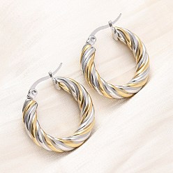 Золотой & Цвет Нержавеющей Стали 304 двухцветные серьги-кольца из нержавеющей стали, твист кольцо, ионное покрытие (ip), золотые и нержавеющая сталь цвет, 24x5 мм