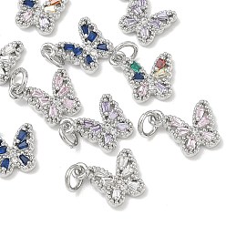 Mixed Color SHEGRACE Brass Pave Clear Cubic Zirconia Pendants, Butterfly Charms, Cadmium Free & Nickel Free & Lead Free, Long-Lasting Plated, Platinum, Mixed Color, 11x11.5x3mm, Hole: 3mm