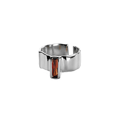 Dark Red Brass Pave Cubic Zirconia Cuff Open Rings, Rectangle, Platinum, Dark Red, Inner Diameter: 15~20mm