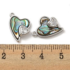 Real Platinum Plated Natural Paua Shell Pendants, Brass Pave Clear Glass Heart Charms, Real Platinum Plated, 16.5x12x5mm, Hole: 1.2mm