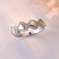 Platinum & Golden Brass Micro Pave Clear Cubic Zirconia Finger Rings, Shell Shape, Platinum & Golden, US Size 7(17.3mm)