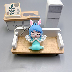 Светло-Голубой Брелок из ПВХ-сумки в виде кролика-ангела, Мультяшное подвесное украшение для рюкзака, Небесно-голубой, 61x43 мм