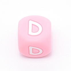 Letter D Silicone Alphabet Beads for Bracelet or Necklace Making, Letter Style, Pink Cube, Letter.D, 12x12x12mm, Hole: 3mm