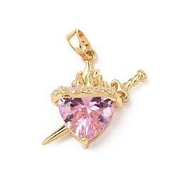 Pink Brass Micro Pave Cubic Zirconia Pendants, Heart & Sword Charms, Rack Plating, Long-Lasting Plated, Lead Free & Cadmium Free, Pink, 19x19x10mm, Hole: 5x3mm