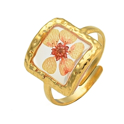 Квадрат Латунные регулируемые кольца для женщин, без кадмия и без свинца, с эпоксидной смолой и сухоцветом внутри, реальный 18 k позолоченный, квадратный, 15 мм, внутренний диаметр: 17 мм