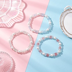 Mixed Color 3Pcs 3 Colors Crackle Glass & Shell Pearl Beaded Stretch Bracelets for Women, Cube & Round, Mixed Color, Inner Diameter: 2-1/8 inch(5.5cm), 1pc/color