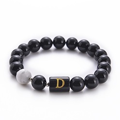 Letter D 10 Pulseras elásticas de cuentas de ónix negro natural (teñido y tratado térmicamente) y howlita de 3 mm, pulseras con letras, letra d, 6.60 pulgada (16.76 cm) ~ 8.50 pulgada (21.58 cm)