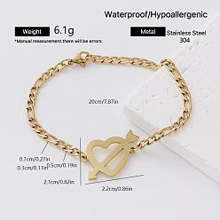 Cœur Style européen 304 bracelets à maillons en acier inoxydable pour femmes, or, cœur avec pointe de flèche, 7.87 pouce (20 cm)