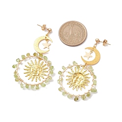 Peridot Vintage Natural Peridot Ear Studs, with 304 Stainless Steel Findings, Ring with Moon, 68.5x40mm