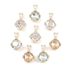 Mixed Color Brass Glass Pendants, Flat Round Charm, Faceted, Mixed Color, 15x10x7.5mm, Hole: 4.3x2.3mm