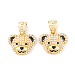 Белый Подвески из искусственного жемчуга, с фурнитурой латунной эмалевой, реальный 18 k позолоченный, медведь, белые, 16x19x7 мм, отверстие : 7.5x4 мм