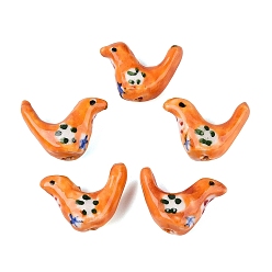 Dark Orange Handmade Porcelain Beads, Hand Painted, Famille Rose Porcelain, Bird, Dark Orange, 14~15x19~20x7~8mm, Hole: 1.6~2mm