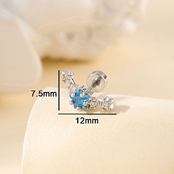 Темно-Голубой Серьги-звезды с латунным паве из кубического циркония на хрящ, с 304 штифтов из нержавеющей стали, цвет нержавеющей стали, глубокое синее небо, 7.5x12 мм