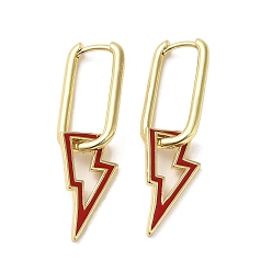 Red Lightning Bolt Real 18K Gold Plated Brass Dangle Hoop Earrings, with Enamel, Red, 37.5x11.5mm