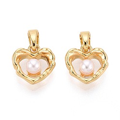 Настоящее золото 16K Подвески из латуни и искусственного жемчуга, сердце прелести, реальный 16 k позолоченный, 11x11x4.5 мм, отверстие : 4.5x2.6 мм