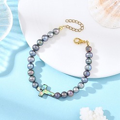Prusia Azul Pulseras redondas de perlas cultivadas de agua dulce teñidas, con cruz religiosa y concha de paua natural para mujer., dorado, null, 7.56 pulgada (19.2 cm)