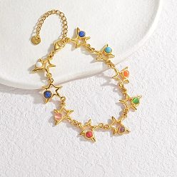 Звезда Стиль богема 304 браслеты из нержавеющей стали с цепочкой для женщин, с синтетическими бирюзовый, реальный 18 k позолоченный, звезда, 7 дюйм (17.7 см), звезды: 15.5x17.5x4.5 mm
