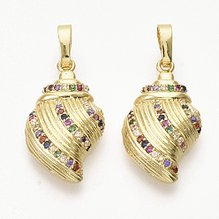 Golden Brass Micro Pave Cubic Zirconia Pendants, Cadmium Free & Lead Free, Shell Shape, Colorful, Golden, 22x12.5x4.5mm, Hole: 3.5x5mm